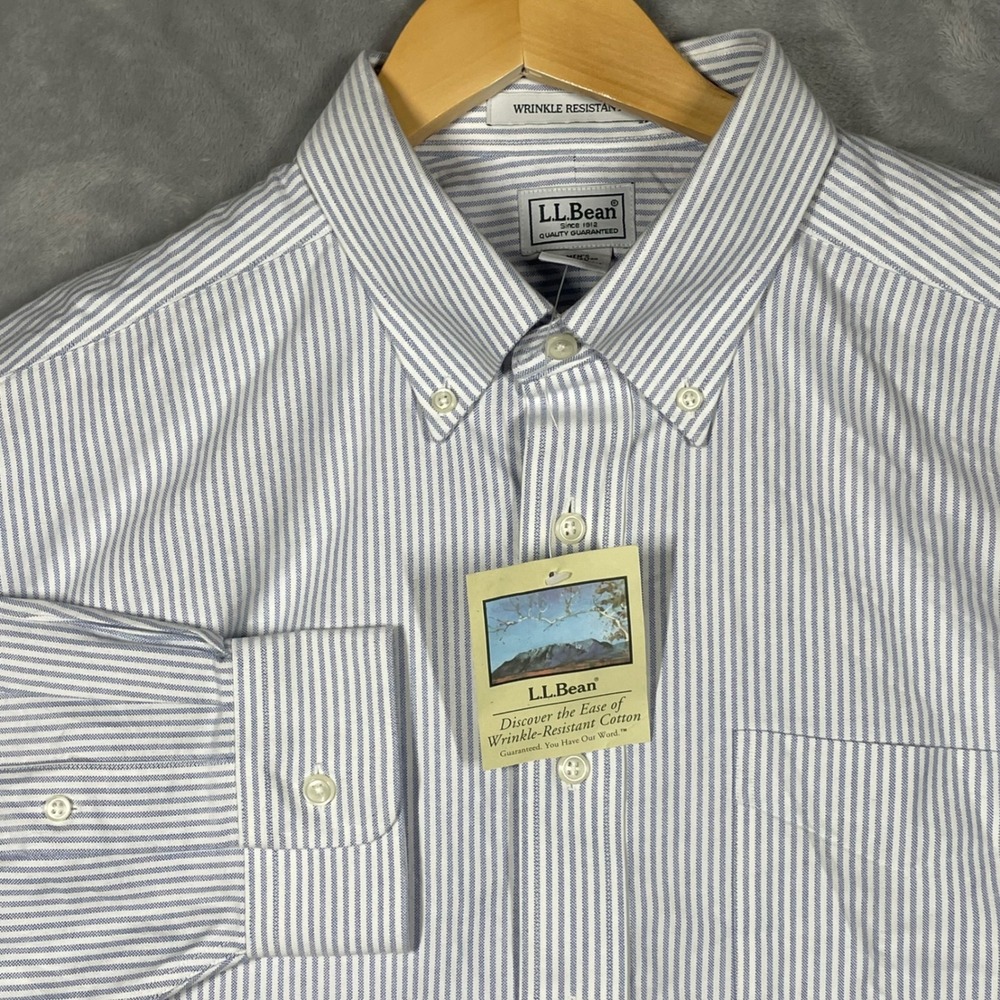 LL Bean Mens 17-34 Wrinkle Resistant Cotton Pinstripe Button Down Shirt Blue NWT